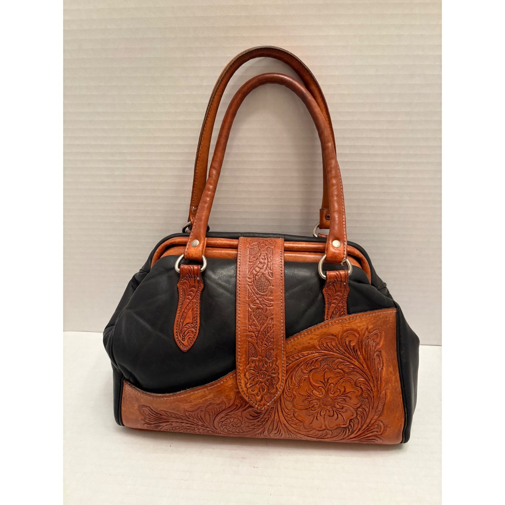 Vintage Hand Tooled Leather Western Satchel Bag Black Cognac Floral Doctor Bag